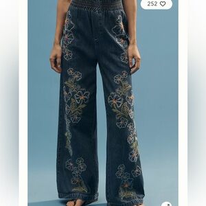 Driftwood Isadora Embroidered Pull-On Wide-Leg Jeans Boho |Med| NWT